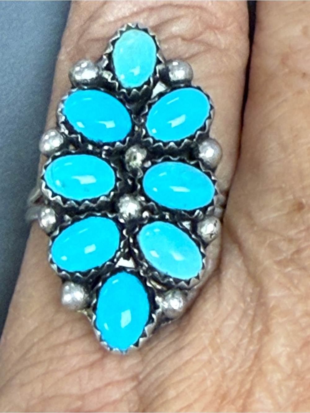 Vintage Kingman Turquoise Sterling Silver Cluster Ring